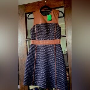 Theory Calvino Heighten Navy Tweed and Leather Dress